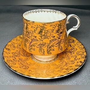 VINTAGE ELIZABETHAN FLORAL GOLD CUP AND SAUCER FINE BONE CHINA 3" Numbered
